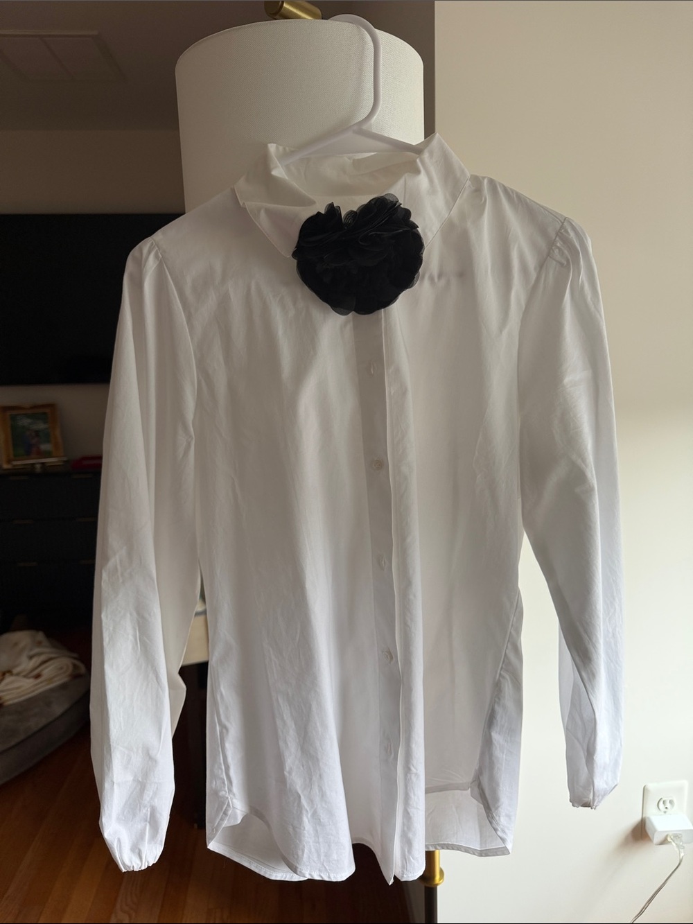 J. Crew White Button-Down Shirt with Black Floral Pin